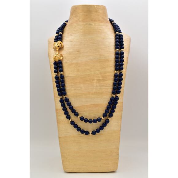 KJL Avon Vintage Beaded Necklace Ram Gold Navy Blue Beaded Chunky Signed Bin6B - Picture 1 of 12